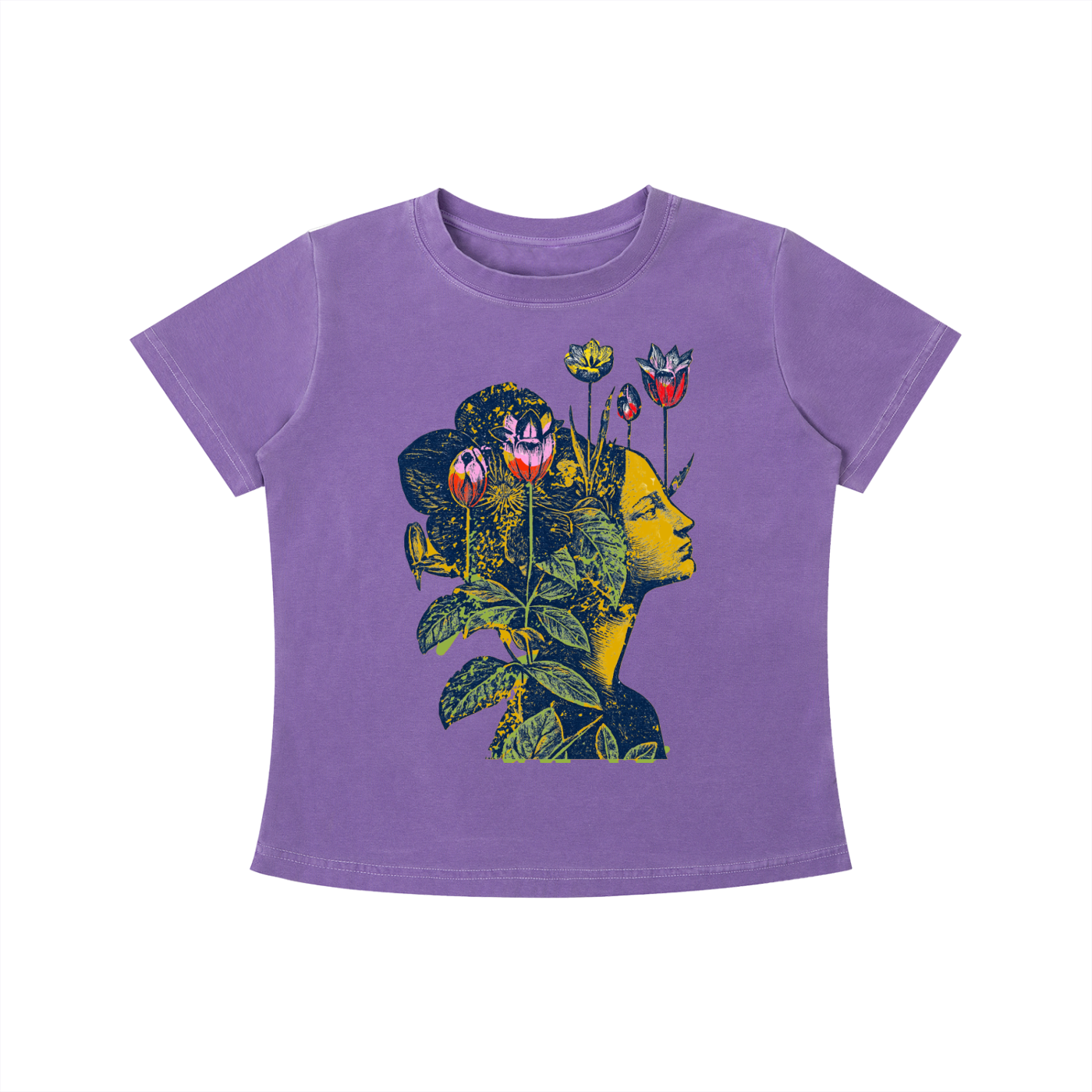 Purple Floral Mind Silhouette graphic t-shirt featuring artistic portrait artwork blended with botanical elements and creative expression.
