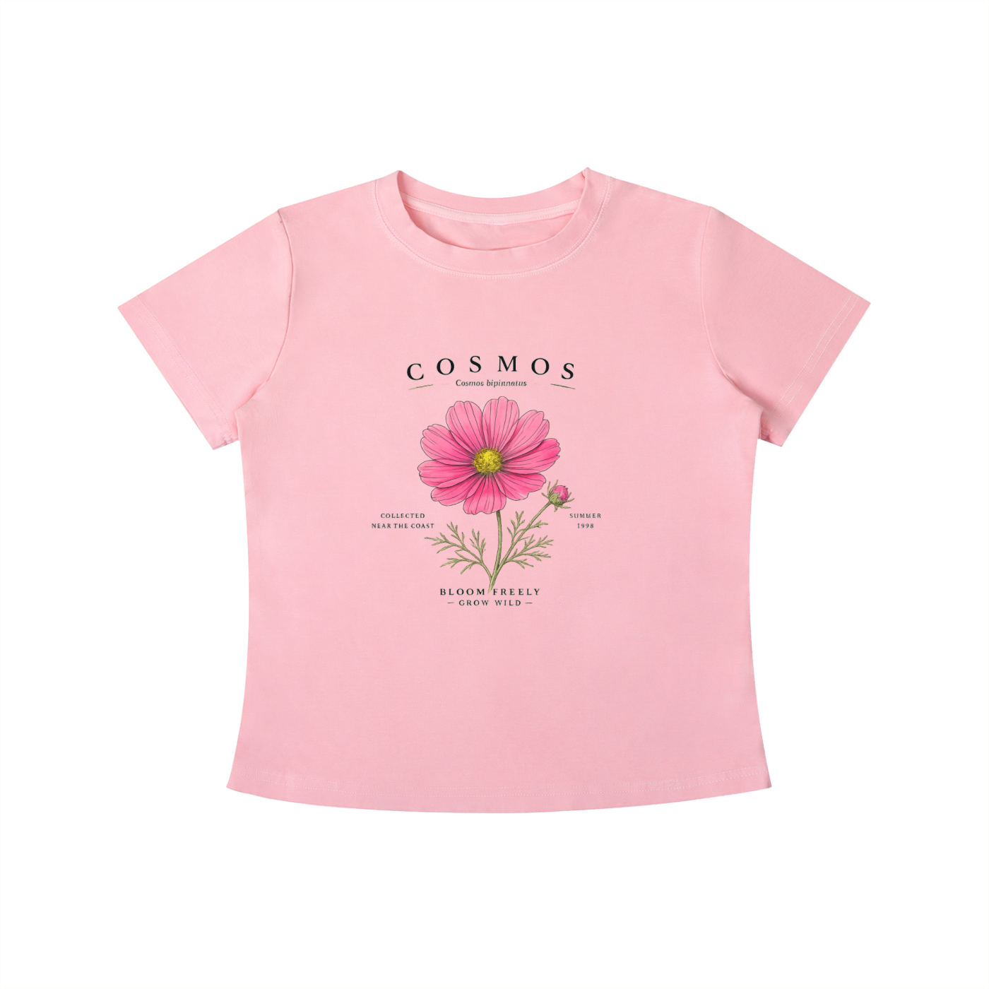 Pink Cosmos Bloom Freely graphic t-shirt featuring floral artwork inspired by wildflowers, growth, and natural beauty.