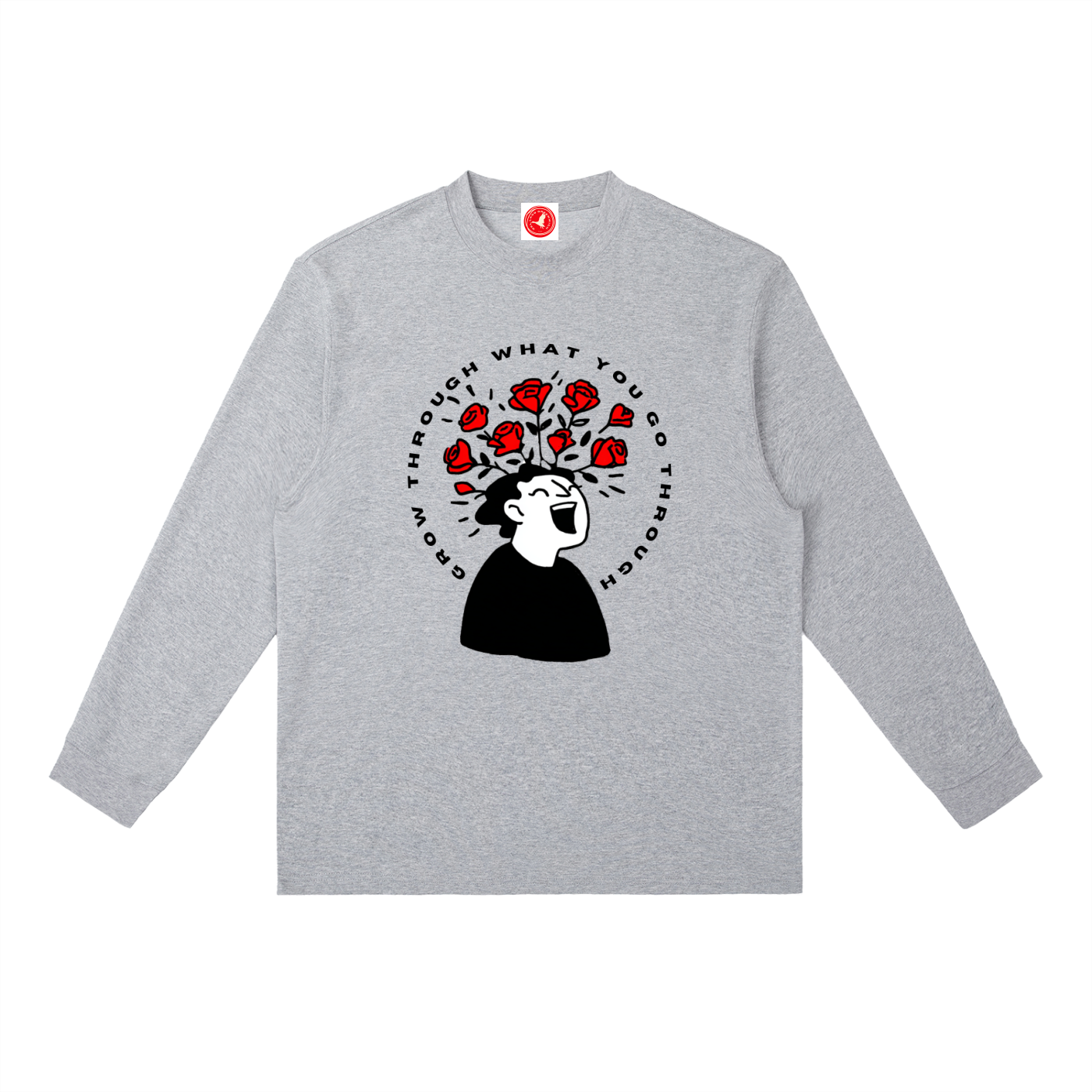 Gray long-sleeve shirt with a graphic design on a white background