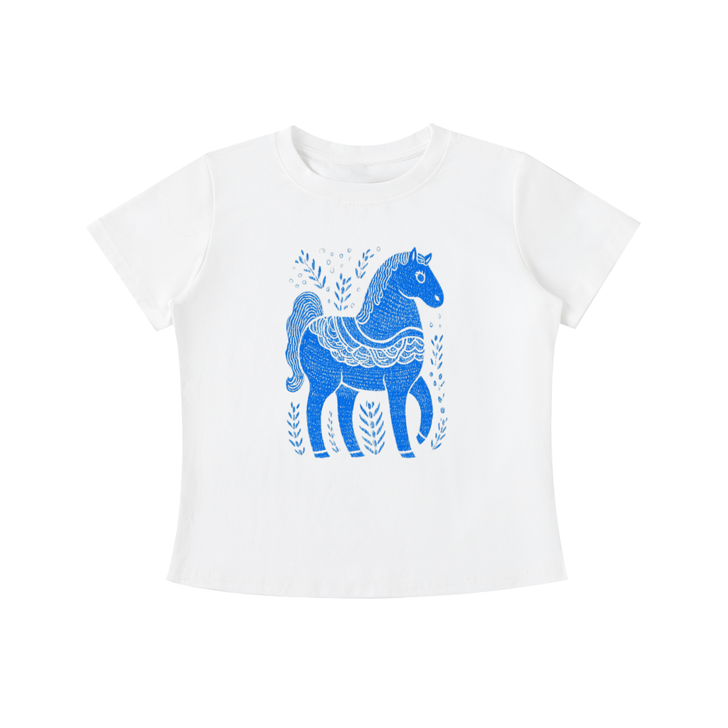 WhiteBlue Folk Horse graphic t-shirt featuring folk art-inspired horse artwork celebrating creativity, tradition, and nature.