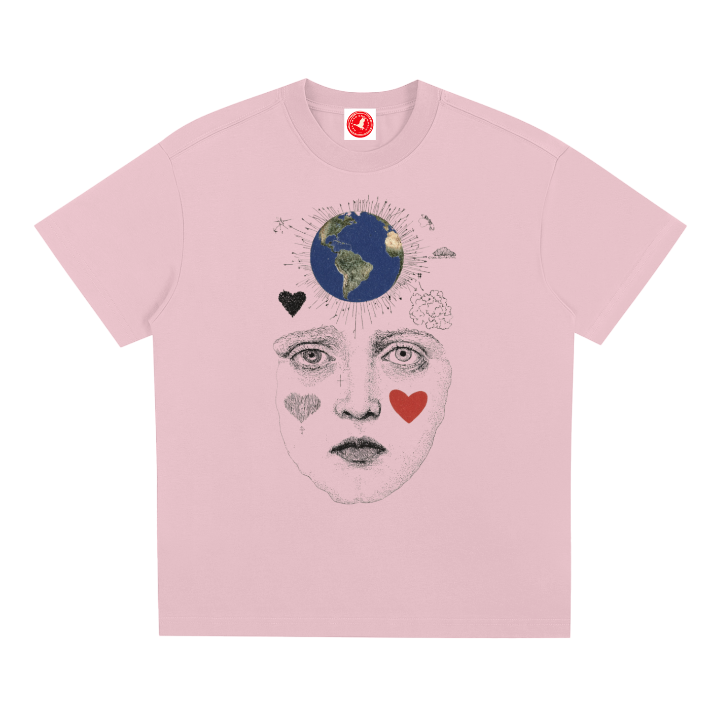 Pink t-shirt with a graphic design of a face, heart, and globe on a white background