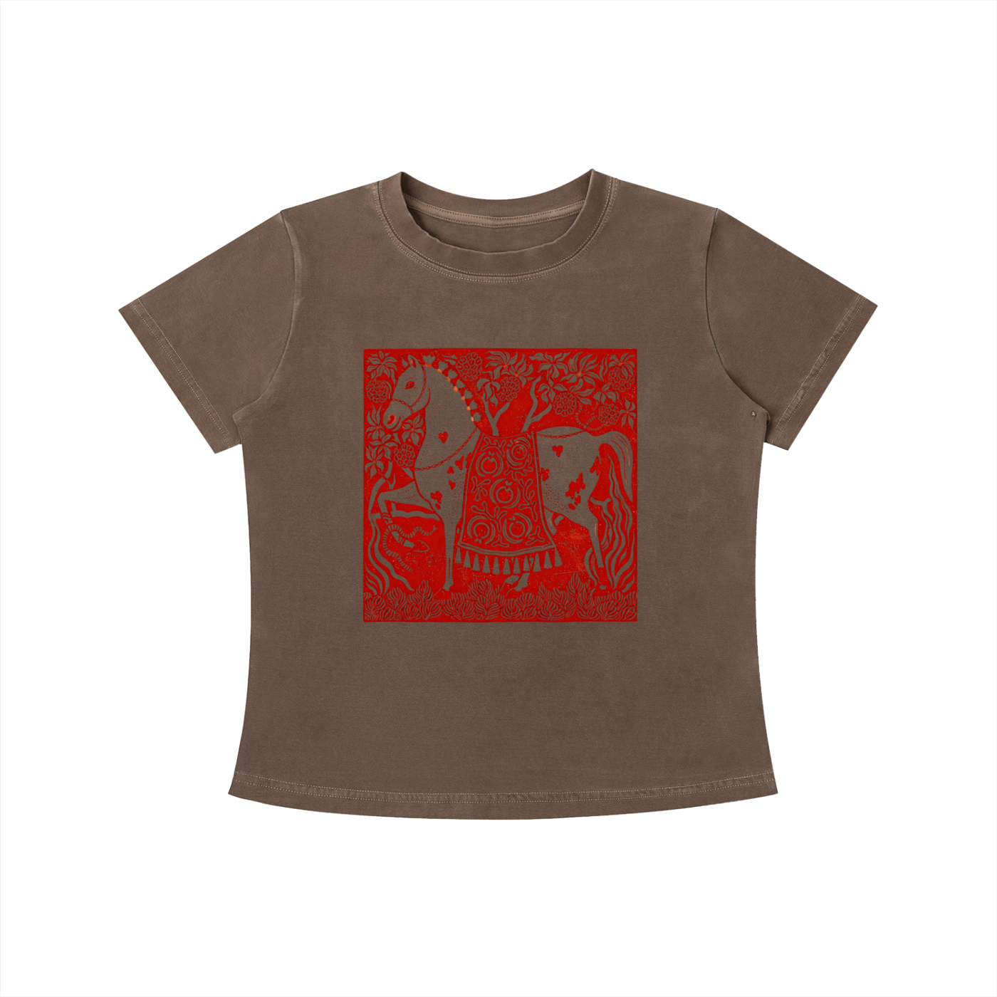 Brown Crimson Horse graphic t-shirt featuring folk art-inspired horse artwork celebrating tradition, creativity, and nature.