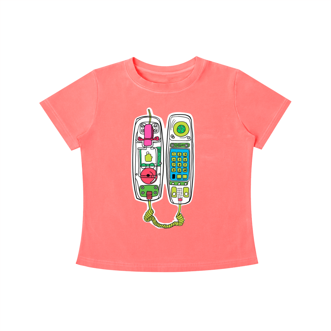 Pink Retro Call graphic t-shirt featuring vintage telephone artwork inspired by nostalgia and retro design.