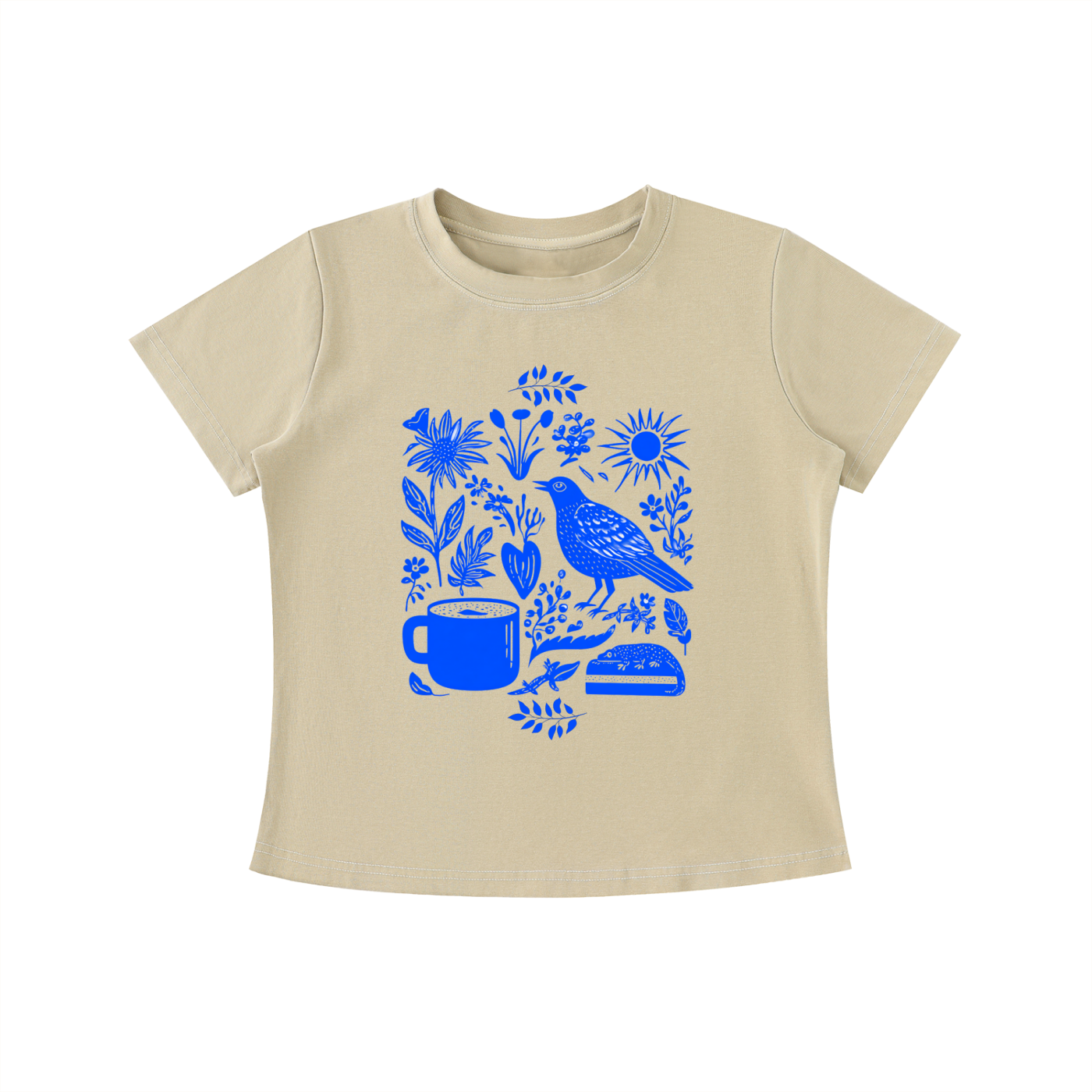 Beige Indigo Morning Garden graphic t-shirt featuring botanical artwork inspired by wildflowers, gardens, and natural beauty.