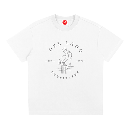 White t-shirt with Del Lago Outfitters logo featuring a pelican on a white background