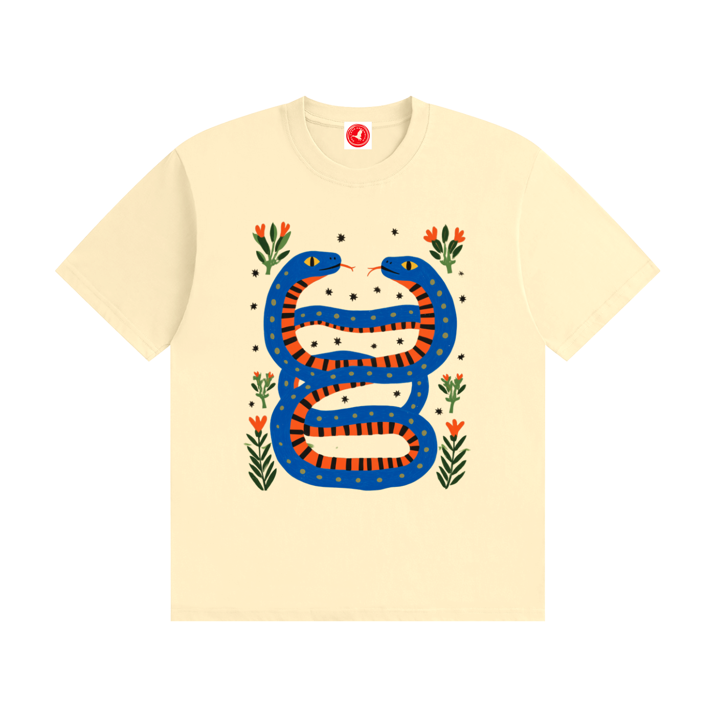 Twin Serpents boys graphic t-shirt featuring original blue and orange serpent artwork with floral accents. Soft cotton short-sleeve tee laid flat on a white background by Del Lago Greenwich.