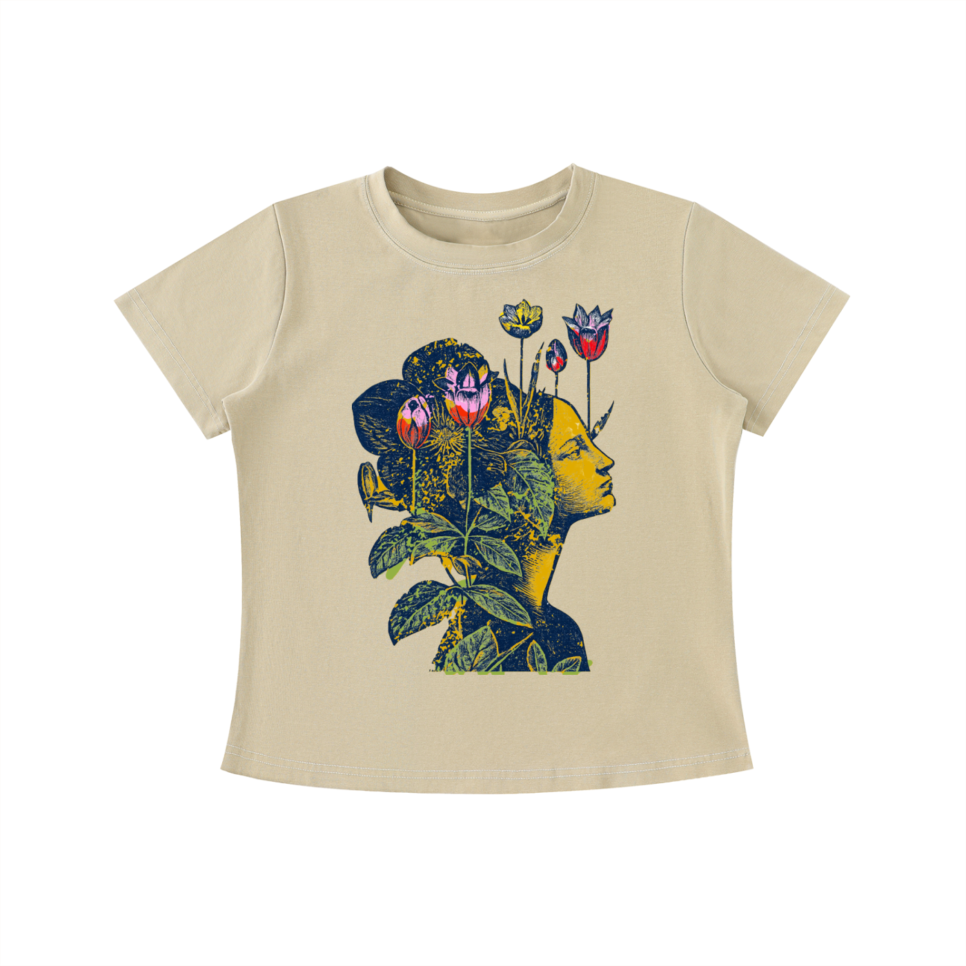 Beige Floral Mind Silhouette graphic t-shirt featuring artistic portrait artwork blended with botanical elements and creative expression.