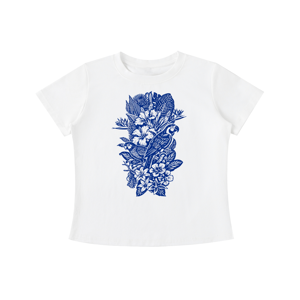 White Indigo Aviary graphic t-shirt featuring botanical bird artwork inspired by nature and vintage illustration.