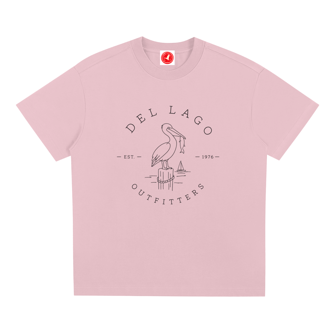 Pink t-shirt with Del Lago Outfitters logo on a white background
