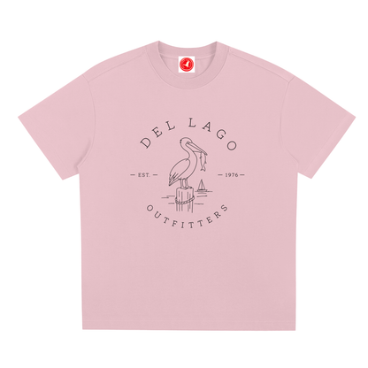 Pink t-shirt with Del Lago Outfitters logo on a white background