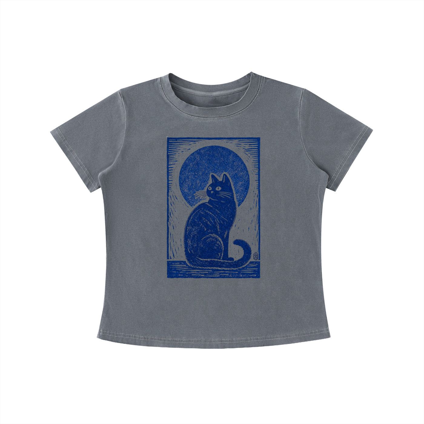 Gray Midnight Cat Indigo graphic t-shirt featuring artistic cat artwork inspired by moonlit evenings and feline charm.