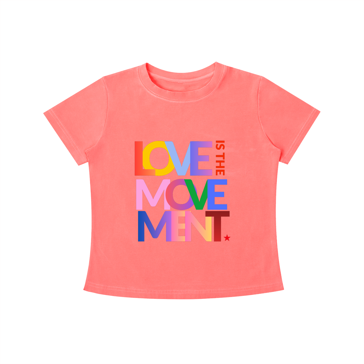 Coral Love Is the Movement graphic t-shirt featuring uplifting artwork inspired by kindness, unity, and positive self-expression.