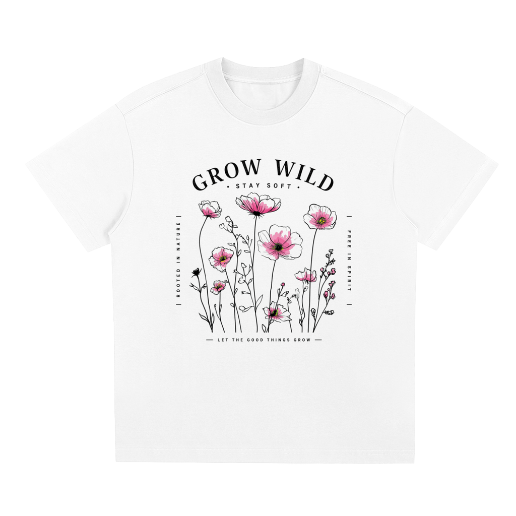 White Grow Wild graphic t-shirt featuring nature-inspired artwork celebrating growth, freedom, and wild beauty.