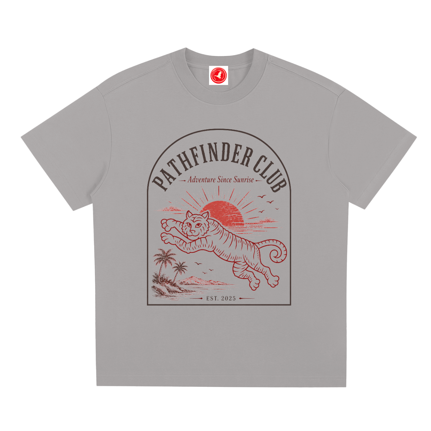 Gray t-shirt with a tiger graphic and 'Pathfinder Club' text on a white background