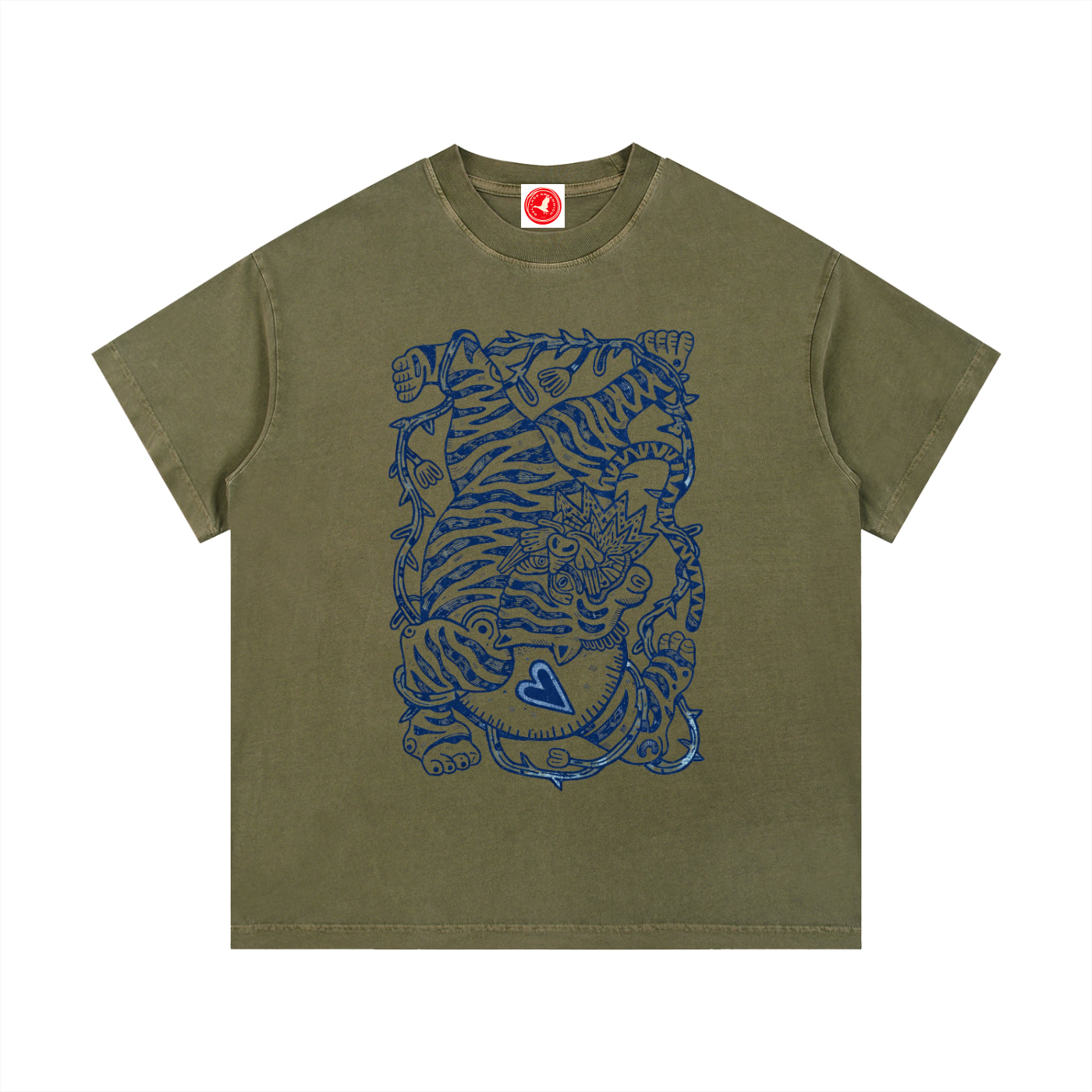 Green Ink Tiger graphic t-shirt featuring bold tiger artwork inspired by wildlife and traditional ink illustration.
