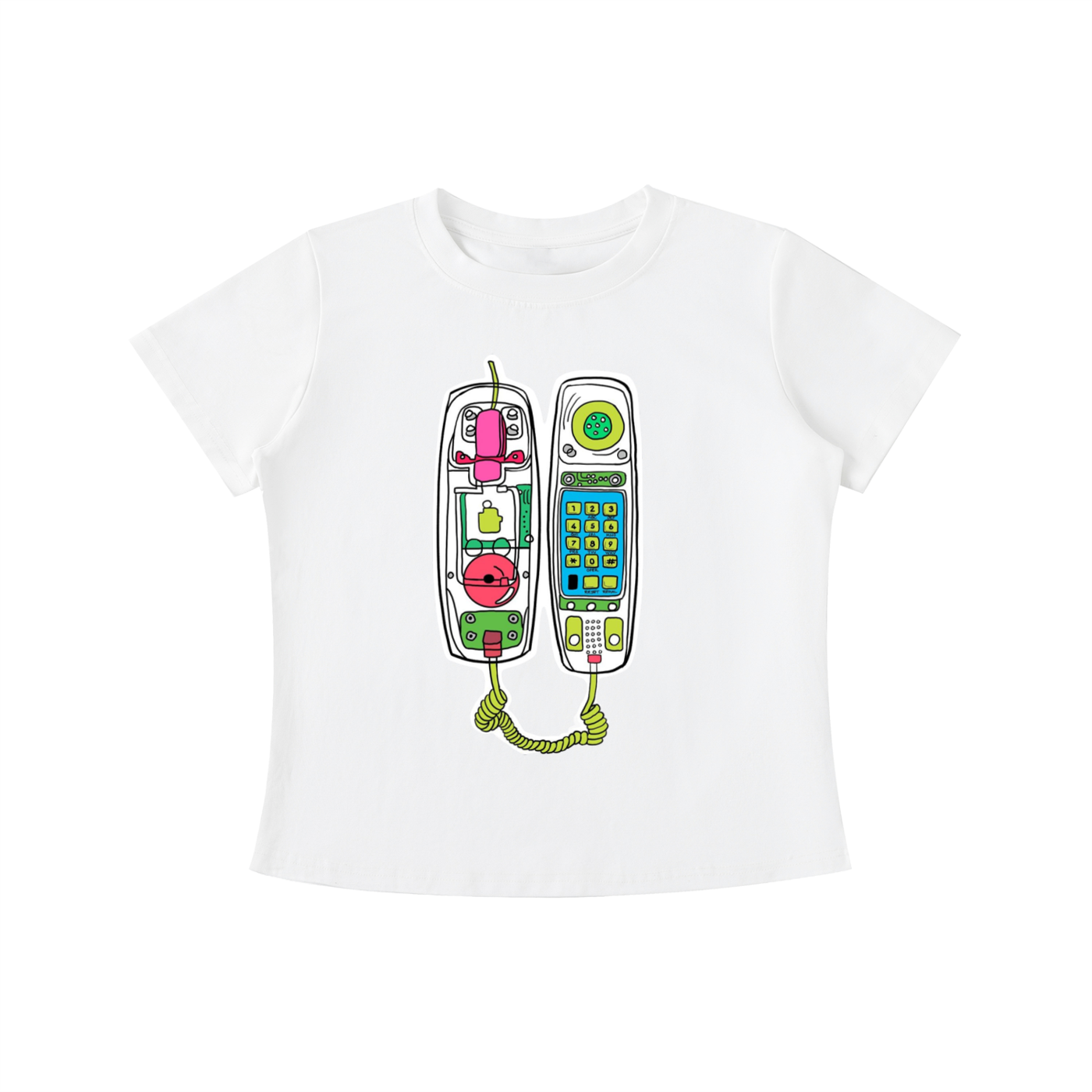 White Retro Call graphic t-shirt featuring vintage telephone artwork inspired by nostalgia and retro design.