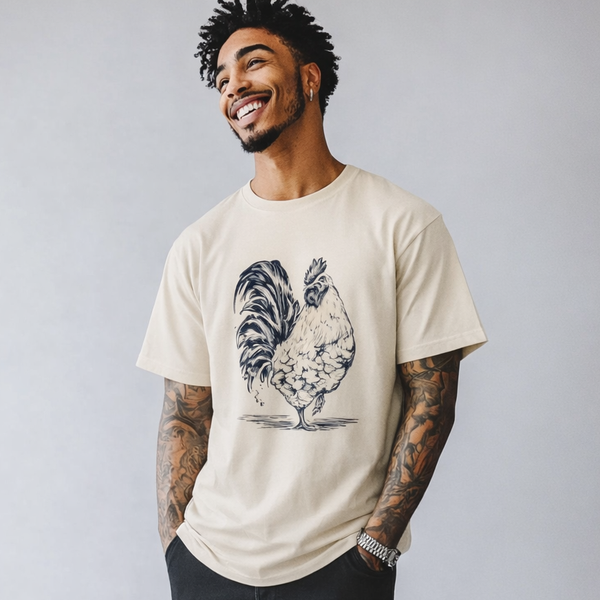 Man wearing a cream Rustic Rooster graphic t-shirt featuring rooster artwork inspired by rural landscapes and vintage farm illustrations