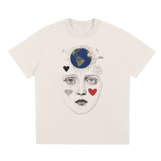 White Nature-inspired graphic t-shirt featuring artistic earth-themed design celebrating connection, kindness, and the outdoors.