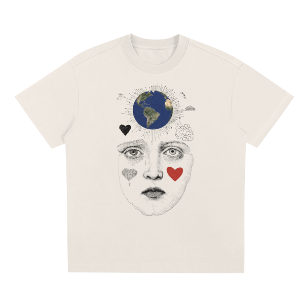 White Nature-inspired graphic t-shirt featuring artistic earth-themed design celebrating connection, kindness, and the outdoors.