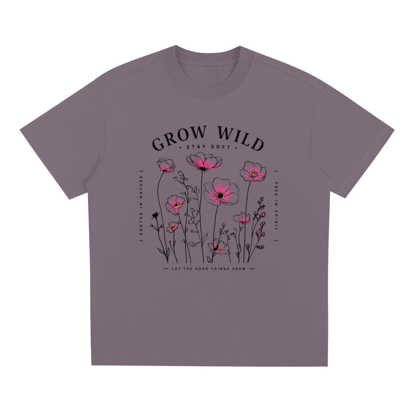 Purple Grow Wild graphic t-shirt featuring nature-inspired artwork celebrating growth, freedom, and wild beauty.