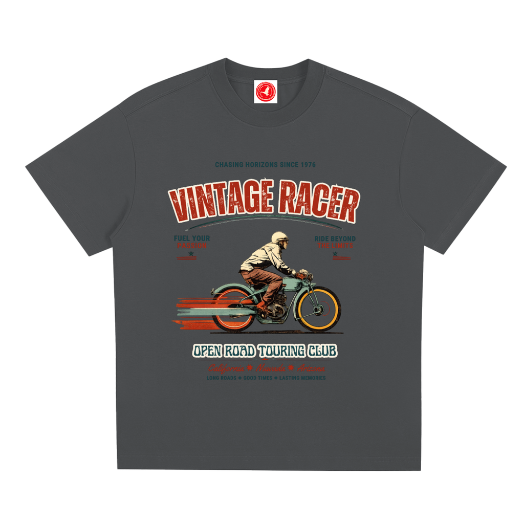 Gray Vintage racer graphic t-shirt featuring retro touring club artwork inspired by classic road trips and motorsport culture.