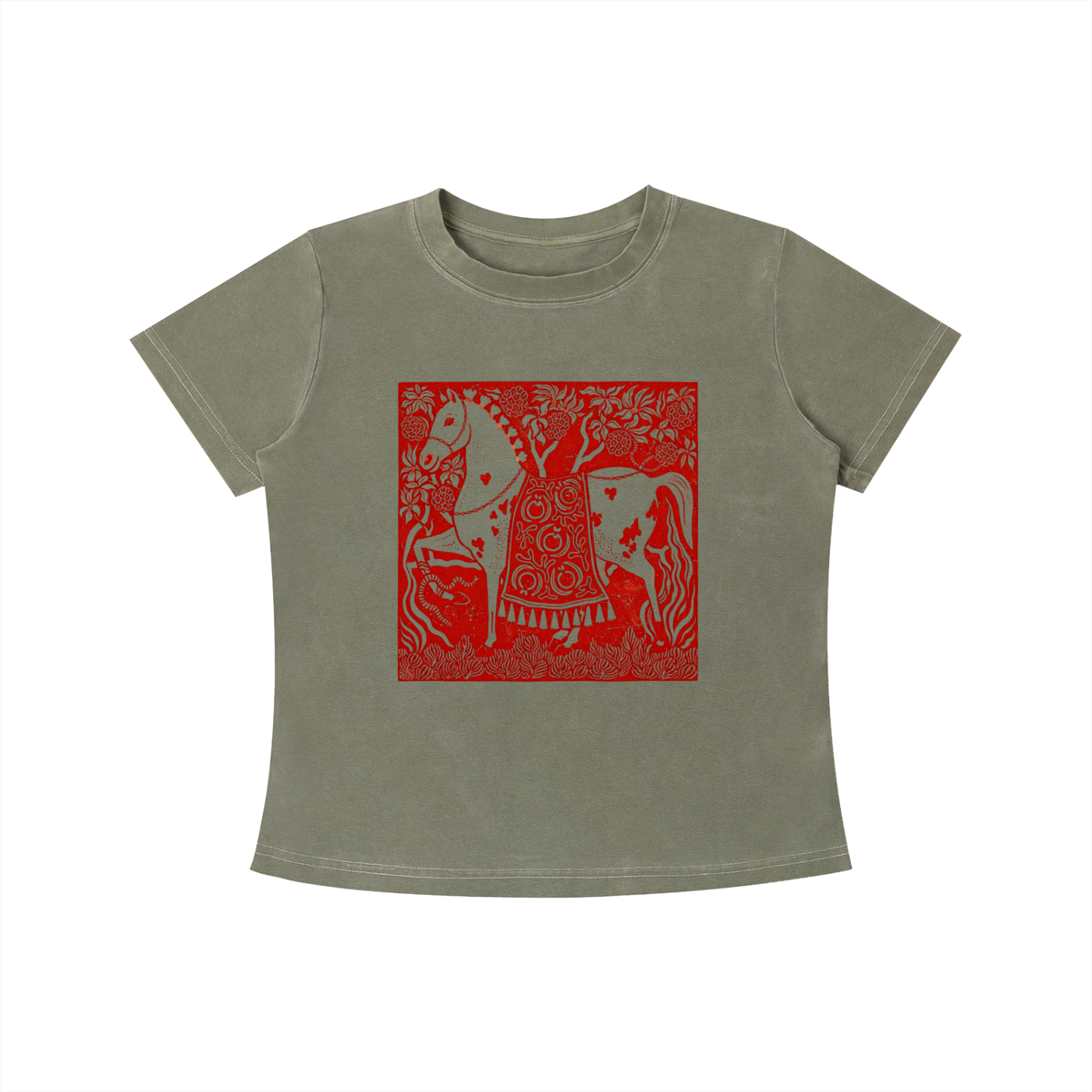 Green Crimson Horse graphic t-shirt featuring folk art-inspired horse artwork celebrating tradition, creativity, and nature.