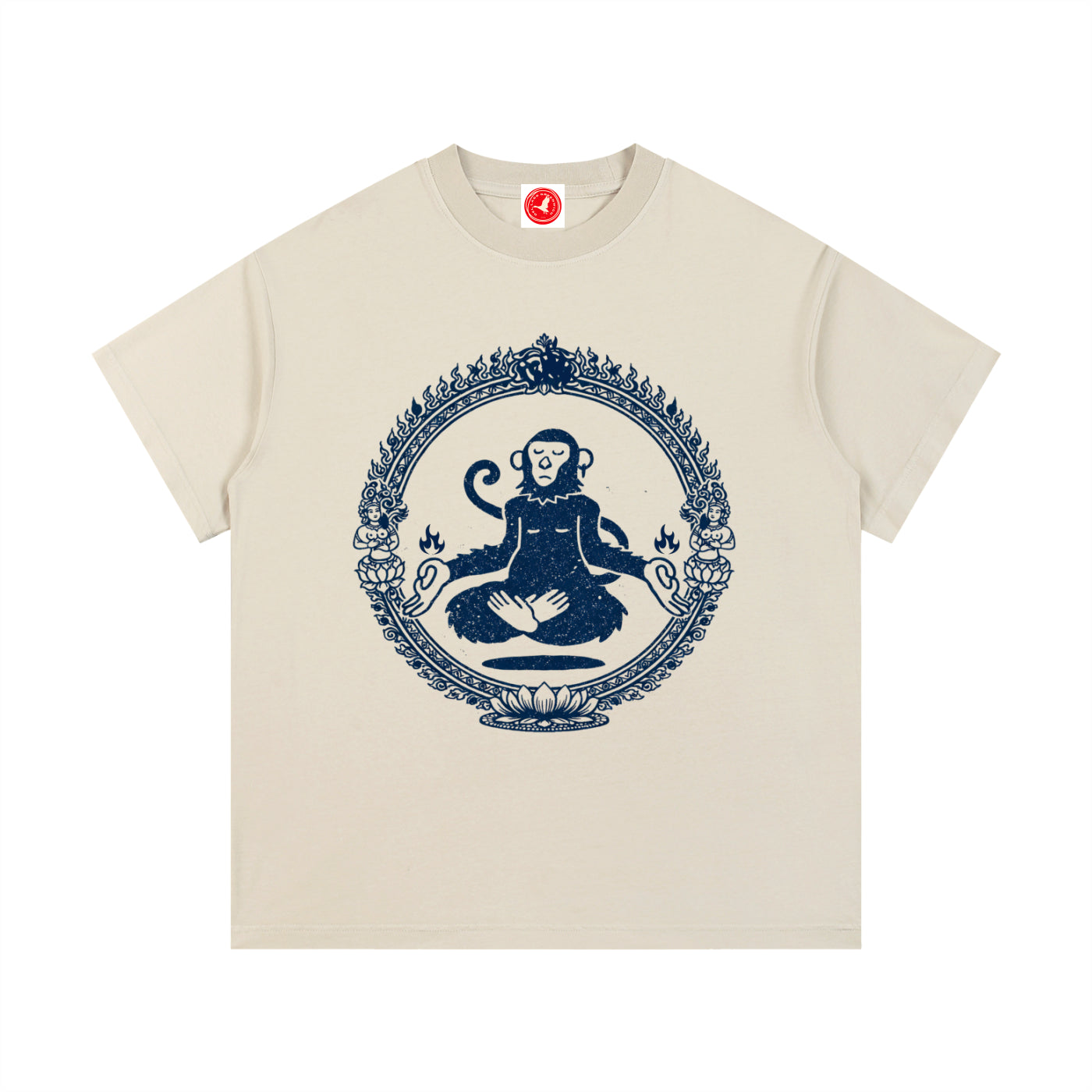 Beige Sacred Monkey graphic t-shirt featuring artistic monkey artwork inspired by folklore, spirituality, and creative expression.