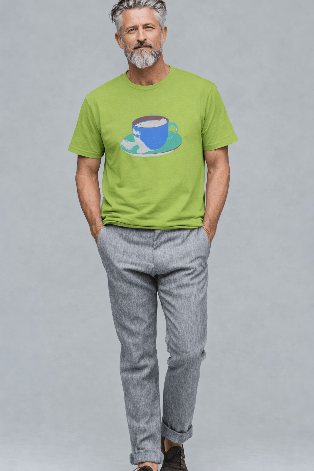 Blue coffee cup teen t-shirt with café-style illustration