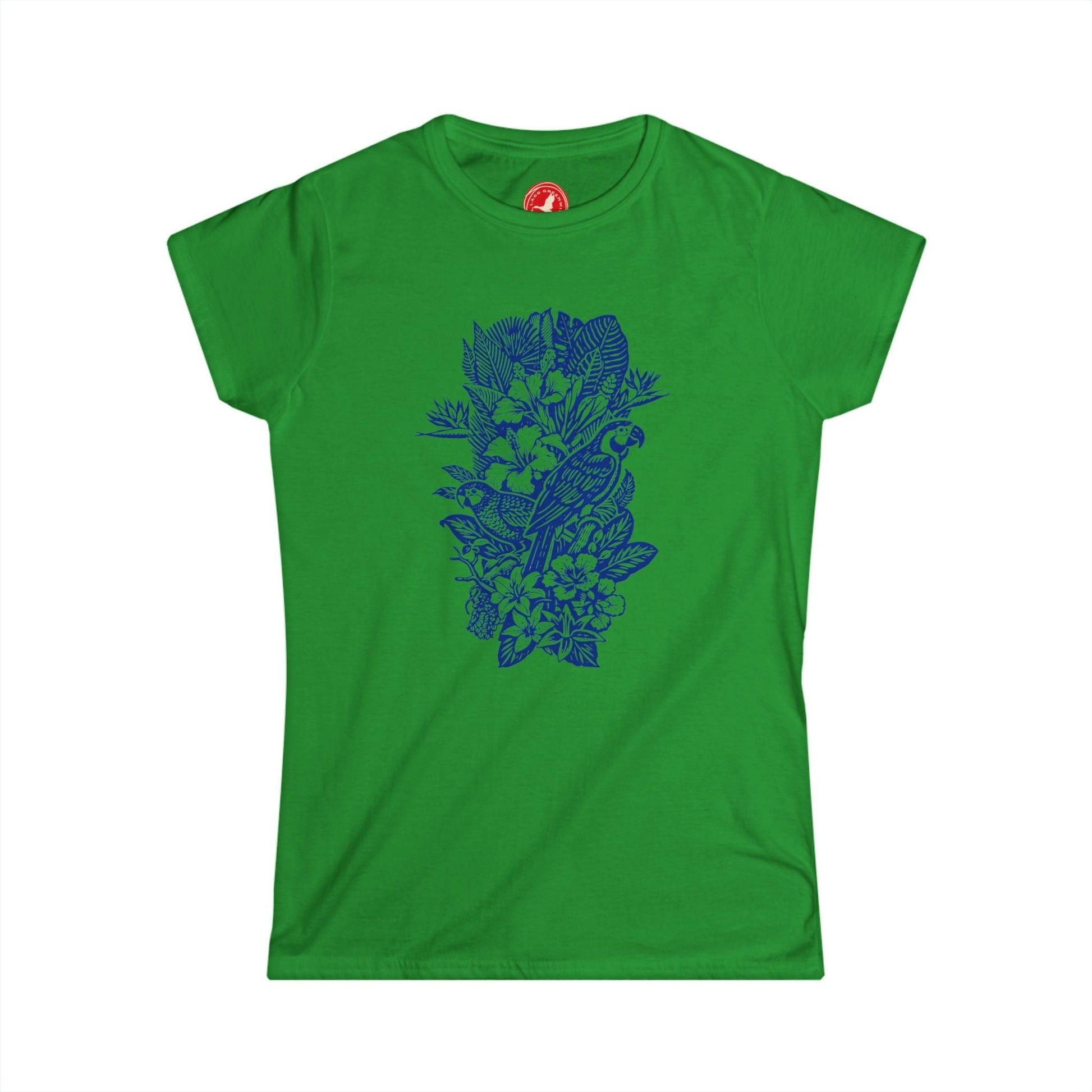 Green t-shirt with blue floral design on a white background