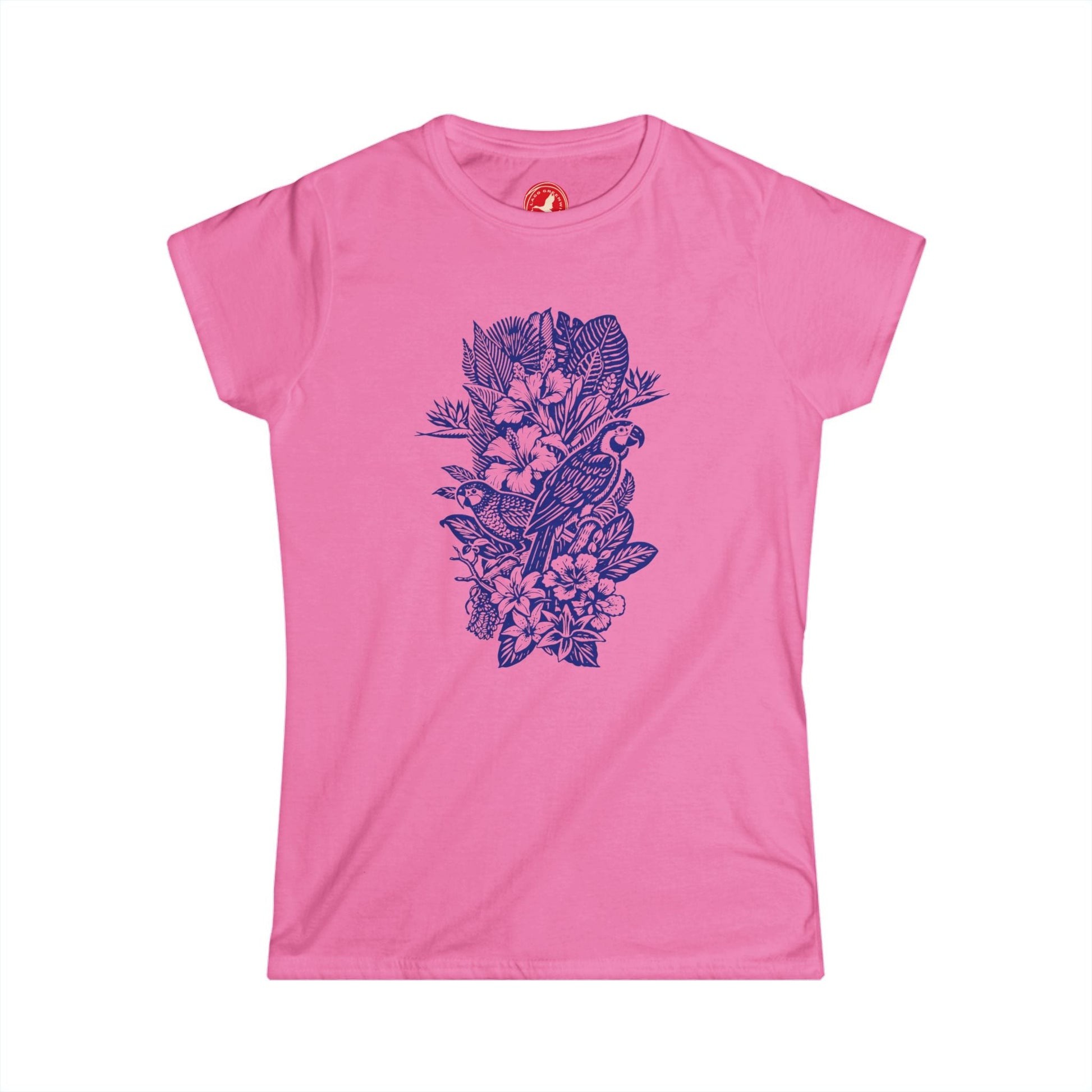 Pink t-shirt with a purple floral and bird design on a white background