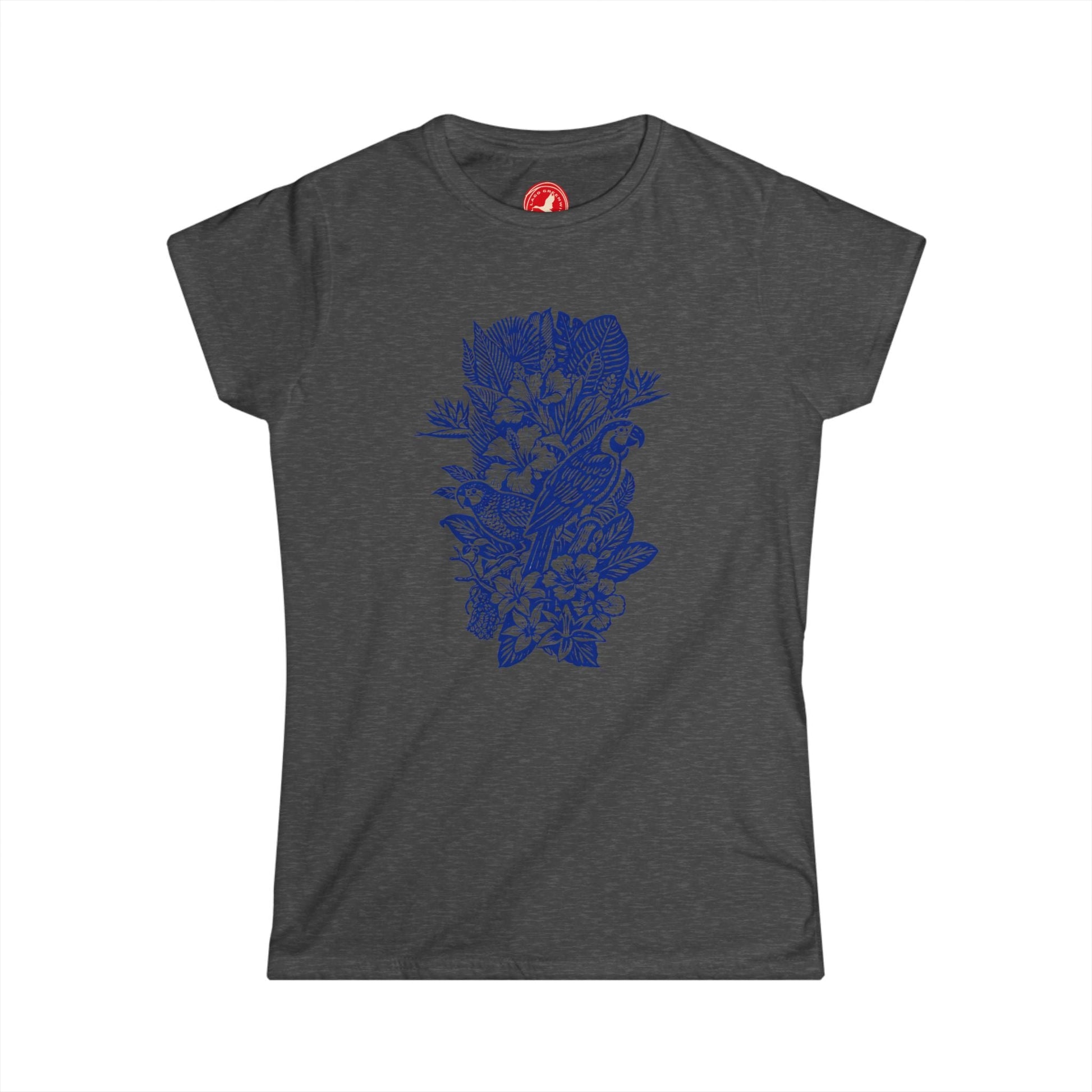 Dark gray t-shirt with blue floral design on a white background