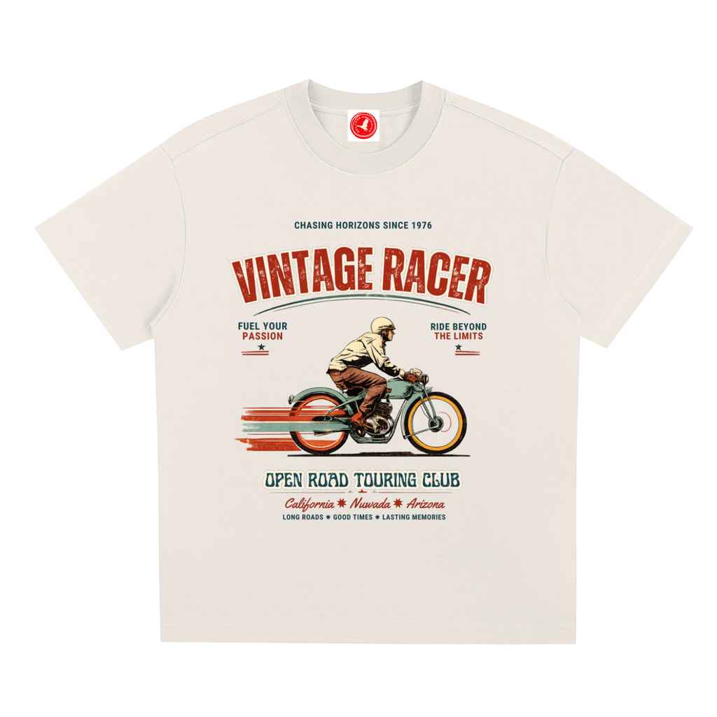 Beige Vintage racer graphic t-shirt featuring retro touring club artwork inspired by classic road trips and motorsport culture.