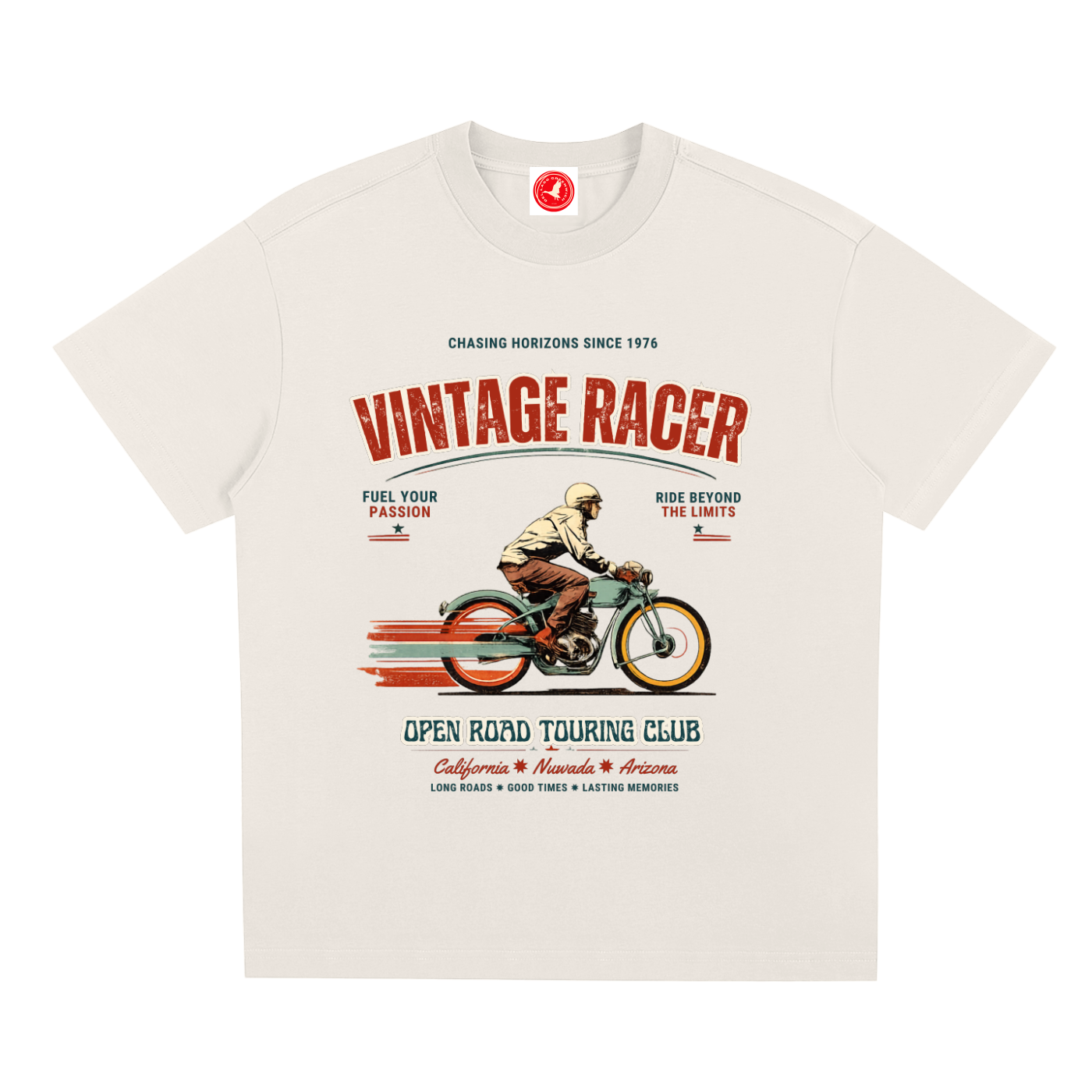 Beige Vintage racer graphic t-shirt featuring retro touring club artwork inspired by classic road trips and motorsport culture.