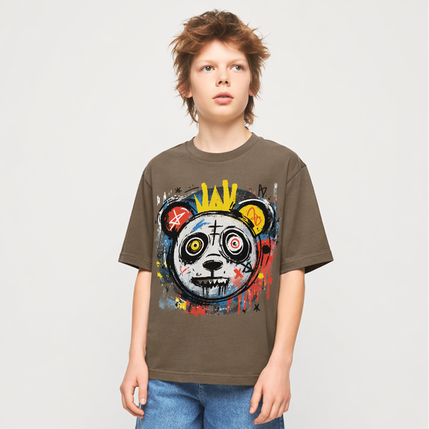 Child model wearing Circus Panda Graphic Kids Tee with vibrant panda face artwork