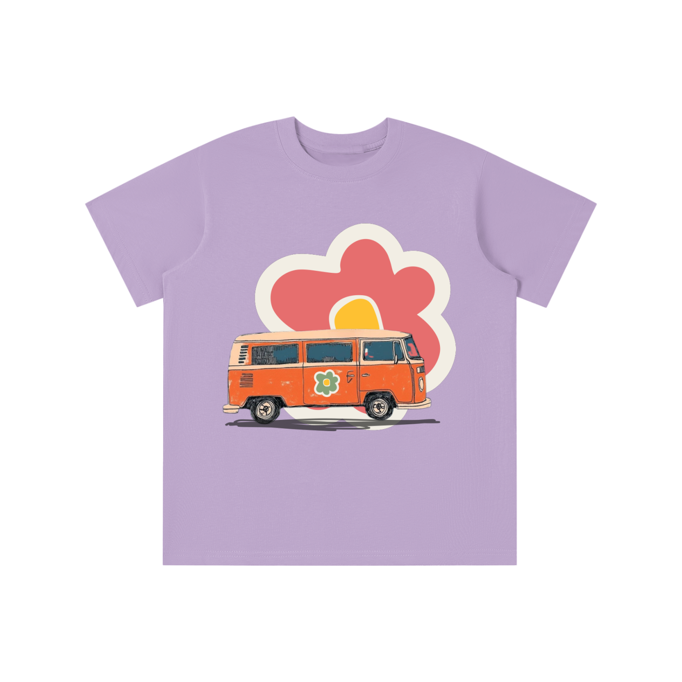 Retro Flower Van graphic t-shirt featuring vintage van and floral artwork inspired by road trips and retro culture.