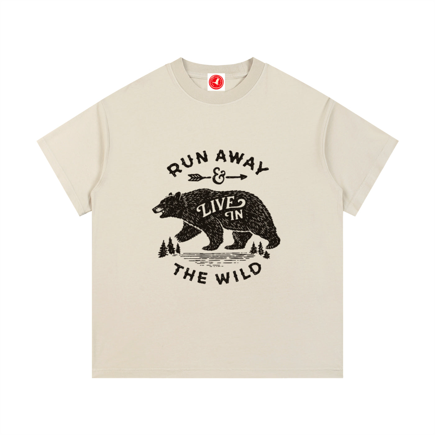 Beige Run Away and Live in the Wild graphic t-shirt featuring bear artwork inspired by wilderness, nature, and outdoor adventure.