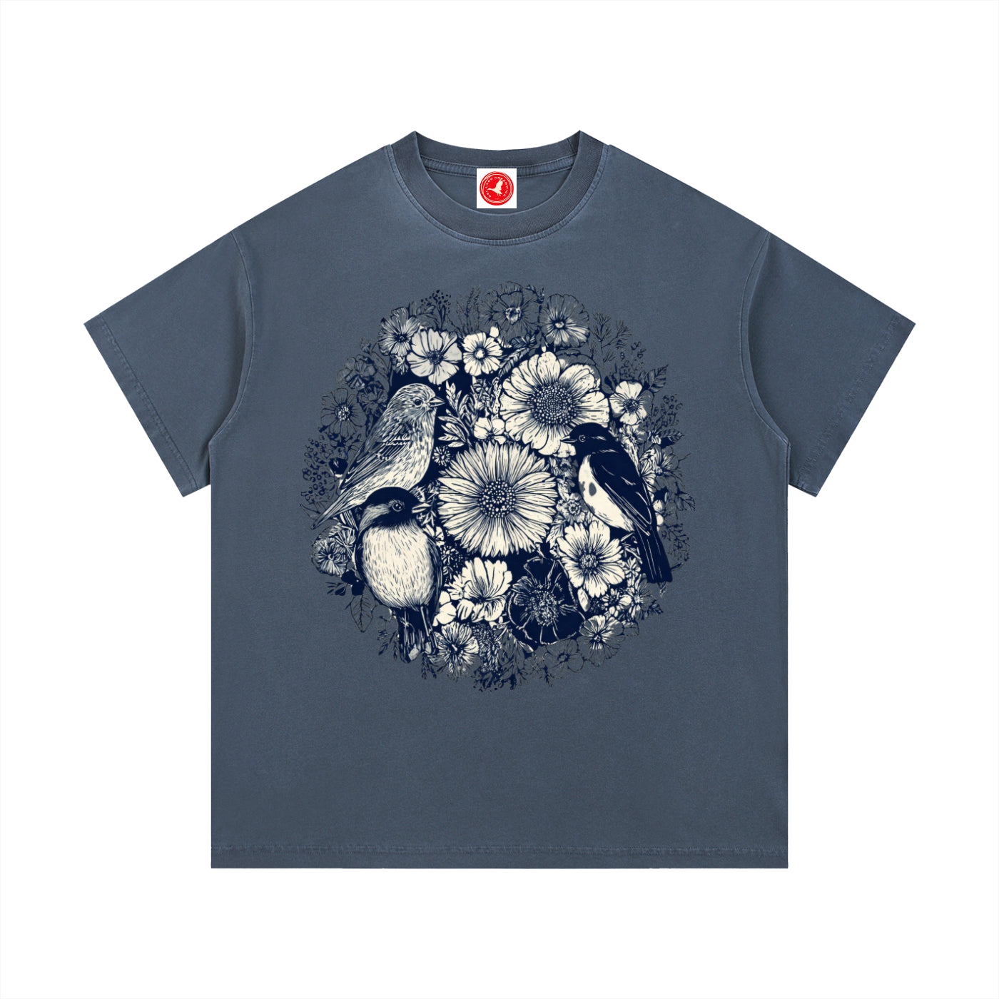 Gray Floral Birds Circle graphic t-shirt featuring botanical bird artwork arranged in a decorative floral design.