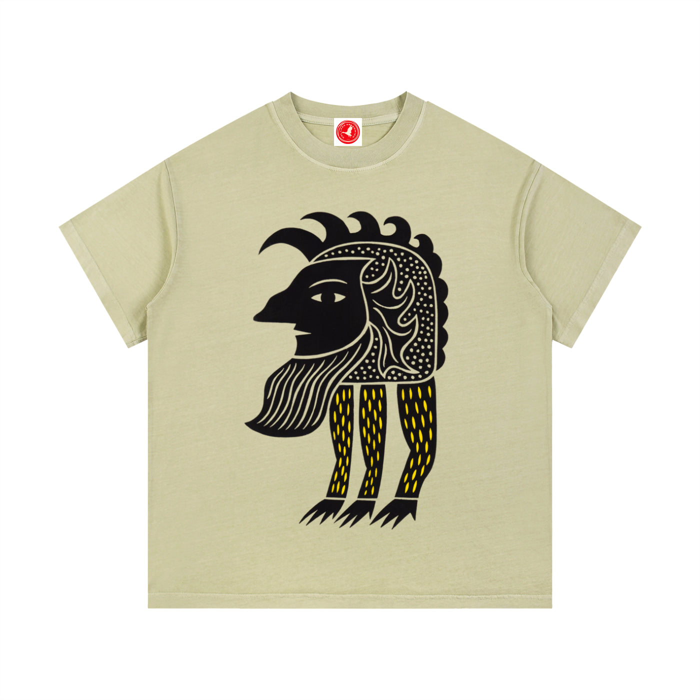Beige Abstract Folk Creature graphic t-shirt featuring artistic folk-inspired creature artwork and imaginative storytelling design.