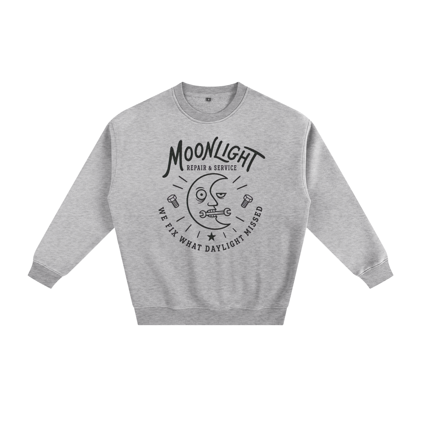A heather gray crewneck sweatshirt with a black graphic print on the front featuring a moon face, the text 'MOONLIGHT', and 'WE FIX WHAT DAYLIGHT MISSED'.
