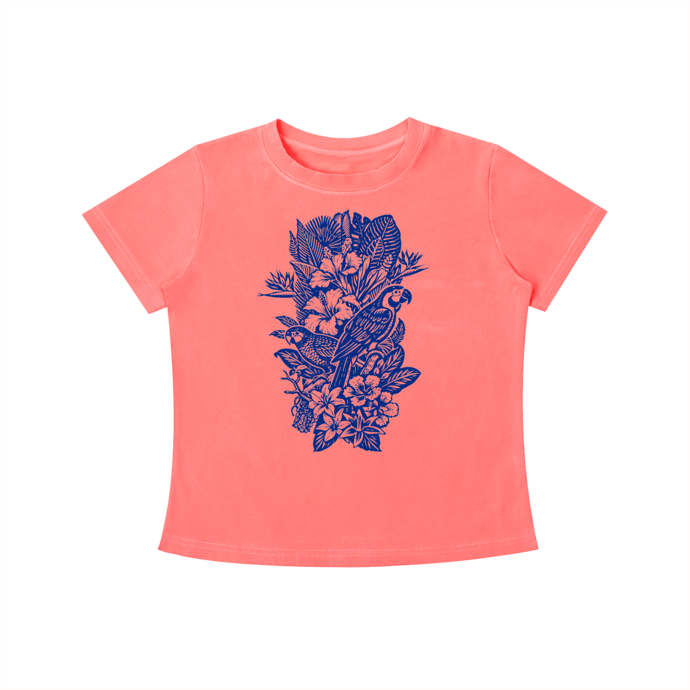 Coral Indigo Aviary graphic t-shirt featuring botanical bird artwork inspired by nature and vintage illustration.