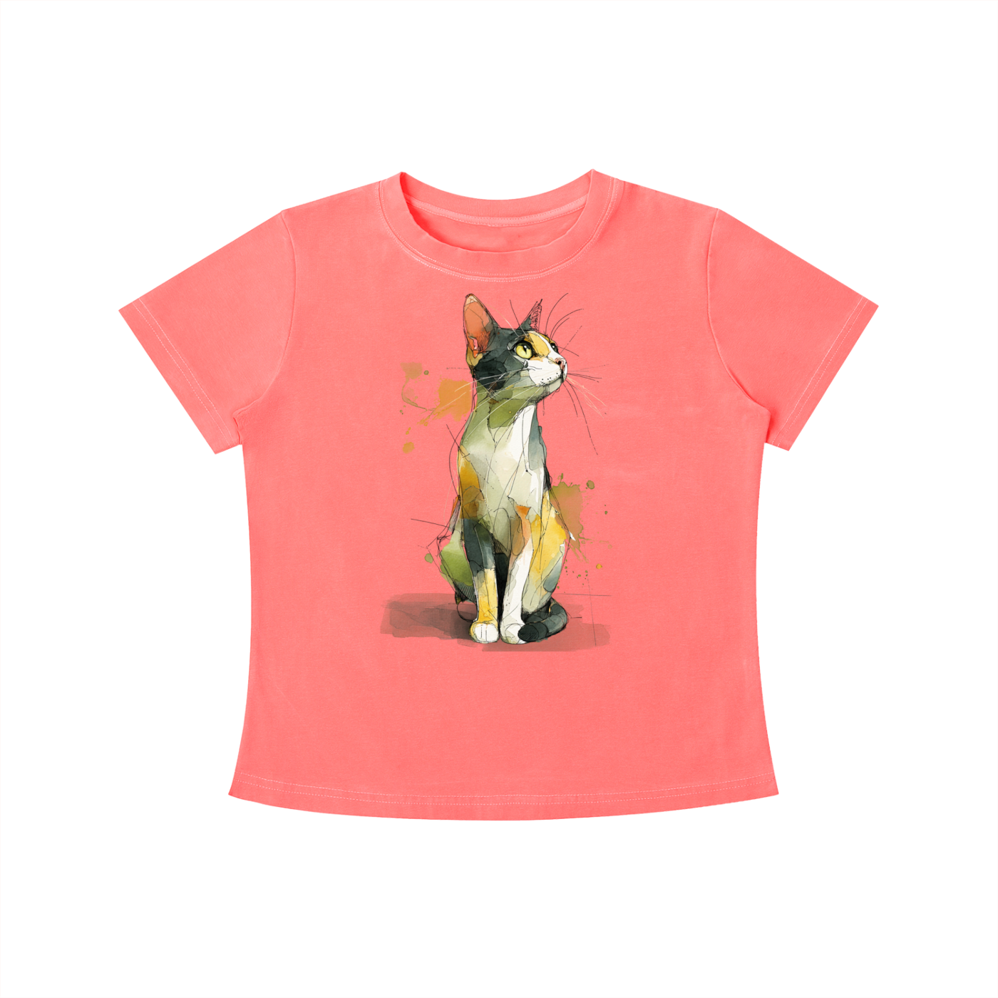 Pink Watercolor Cat graphic t-shirt featuring artistic cat artwork inspired by watercolor illustration and feline lovers.
