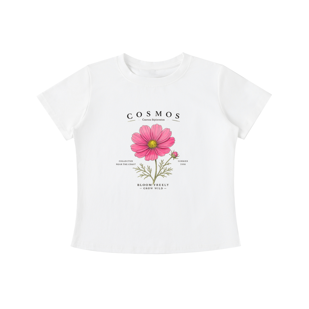 White Cosmos Bloom Freely graphic t-shirt featuring floral artwork inspired by wildflowers, growth, and natural beauty.