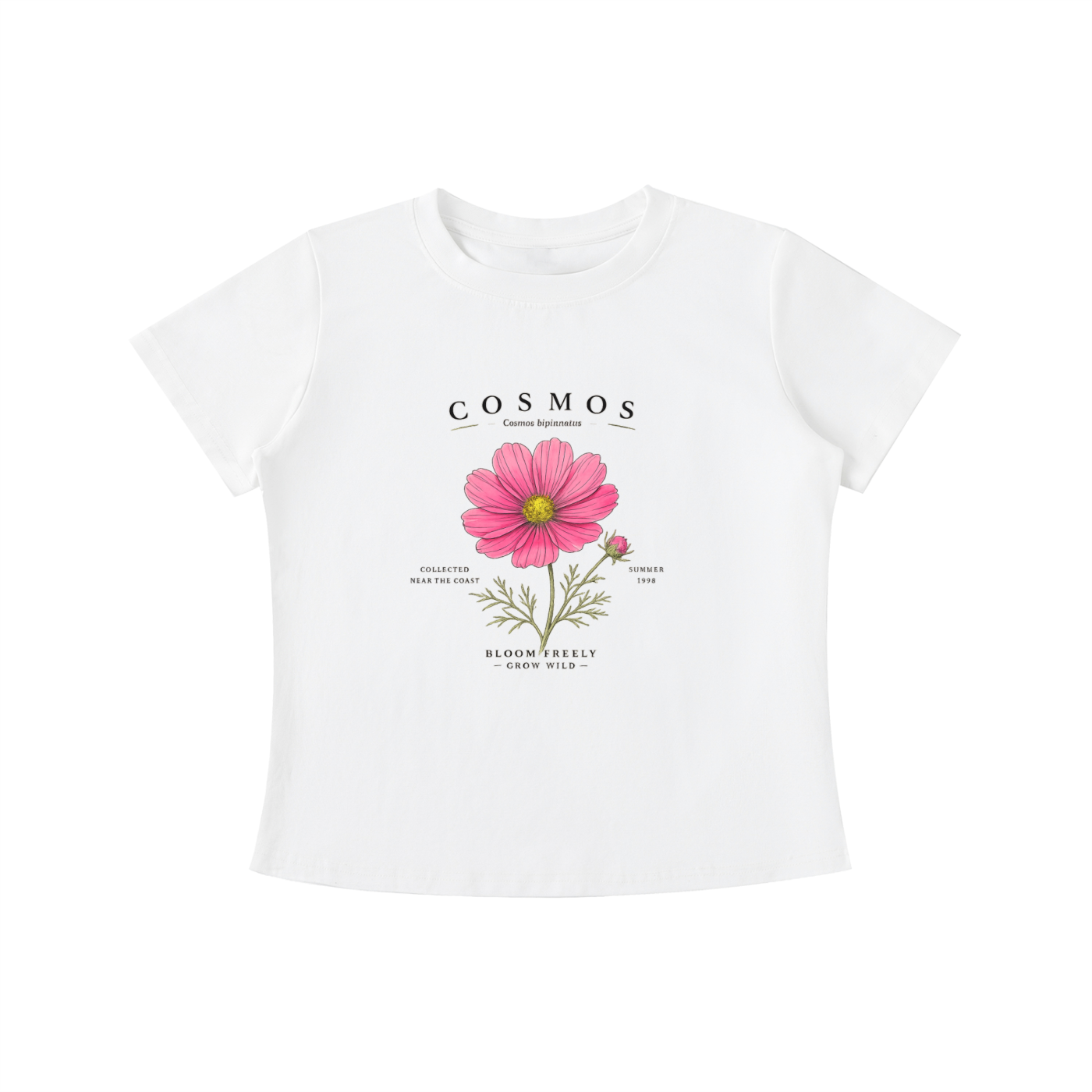 White Cosmos Bloom Freely graphic t-shirt featuring floral artwork inspired by wildflowers, growth, and natural beauty.