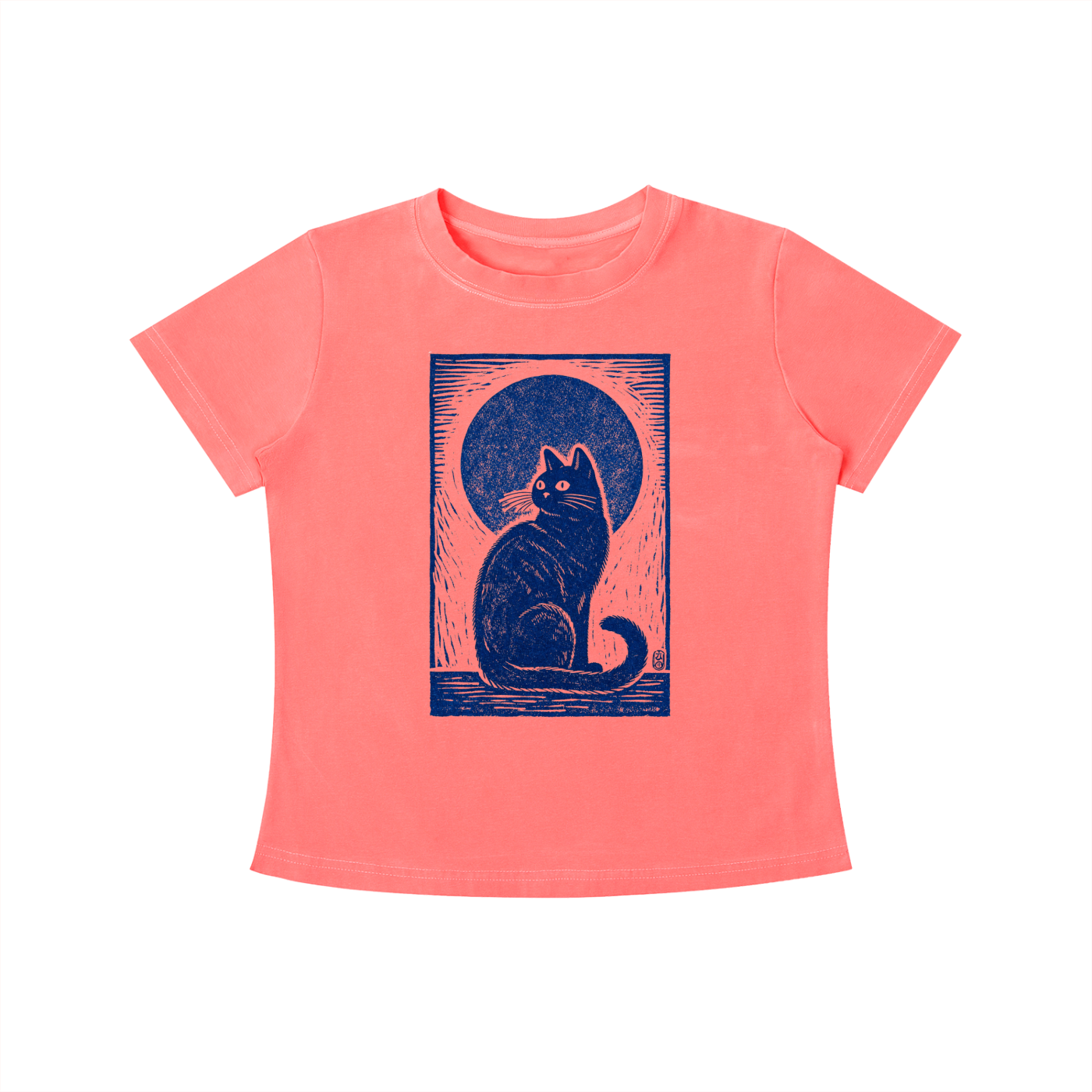 Coral Midnight Cat Indigo graphic t-shirt featuring artistic cat artwork inspired by moonlit evenings and feline charm.