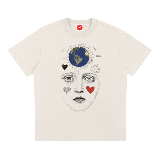Beige Nature-inspired graphic t-shirt featuring artistic earth-themed design celebrating connection, kindness, and the outdoors.