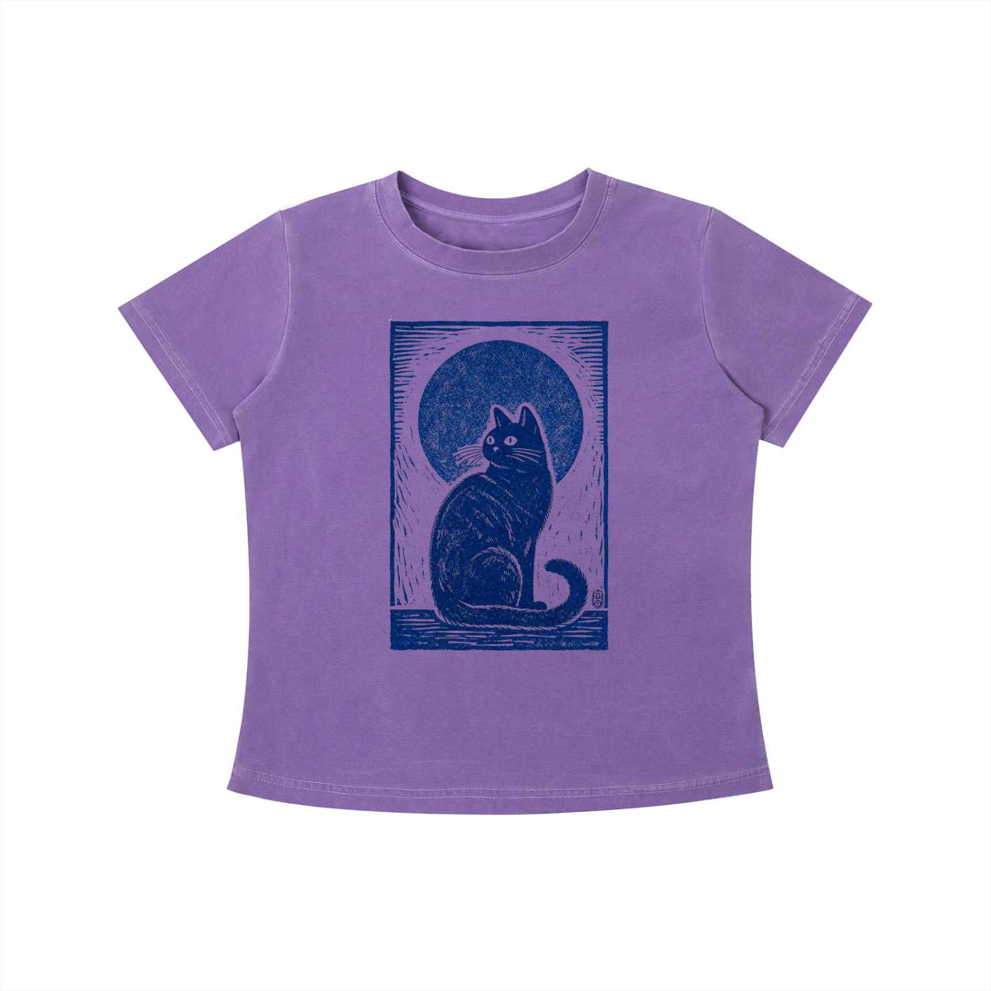 Purple Midnight Cat Indigo graphic t-shirt featuring artistic cat artwork inspired by moonlit evenings and feline charm.