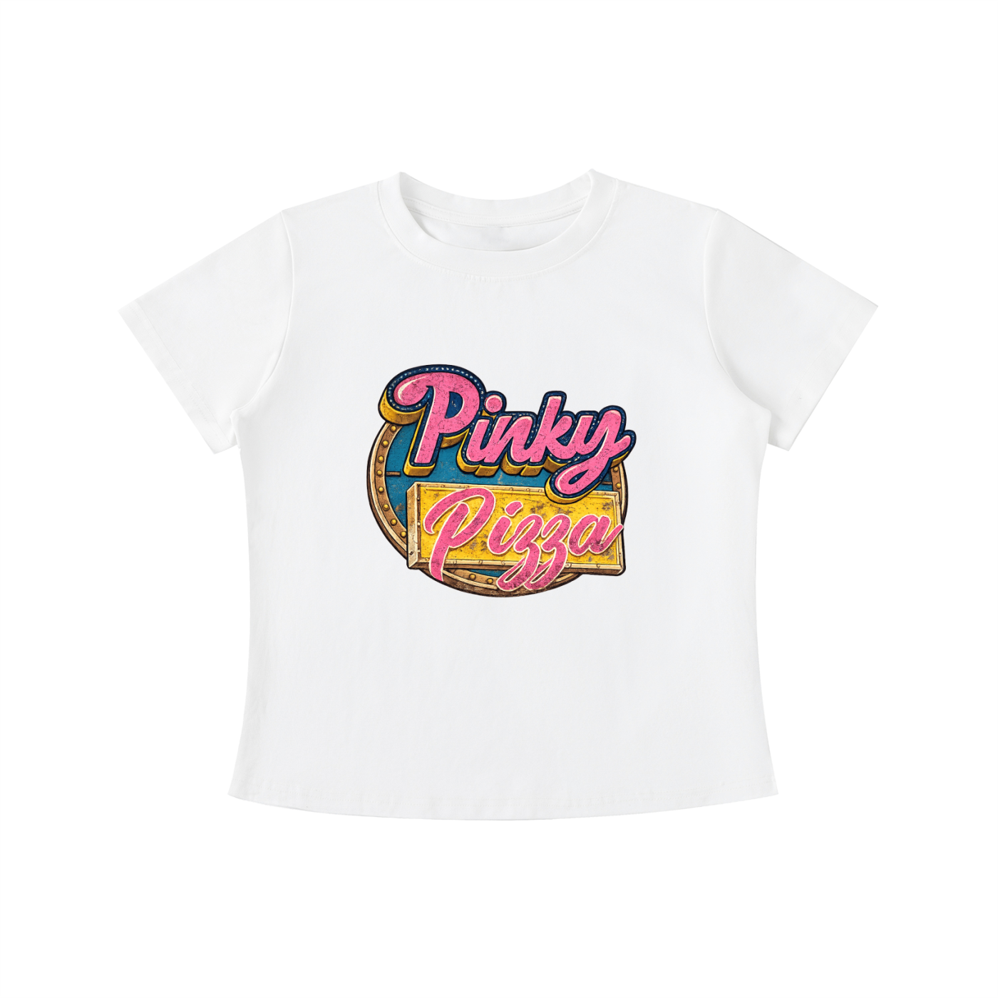 Pinky Pizza graphic tee featuring a colorful retro diner-inspired design.