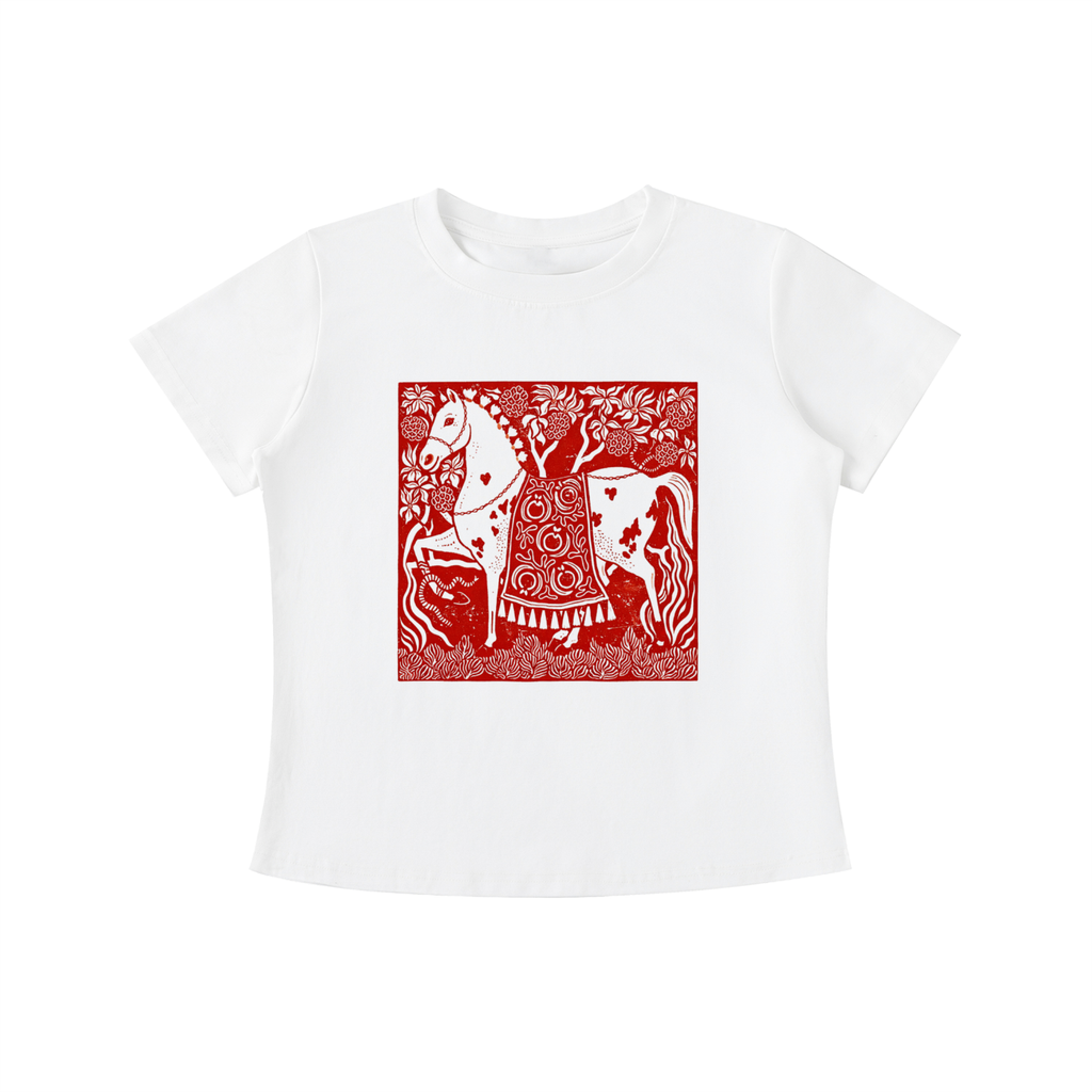 White Crimson Horse graphic t-shirt featuring folk art-inspired horse artwork celebrating tradition, creativity, and nature.