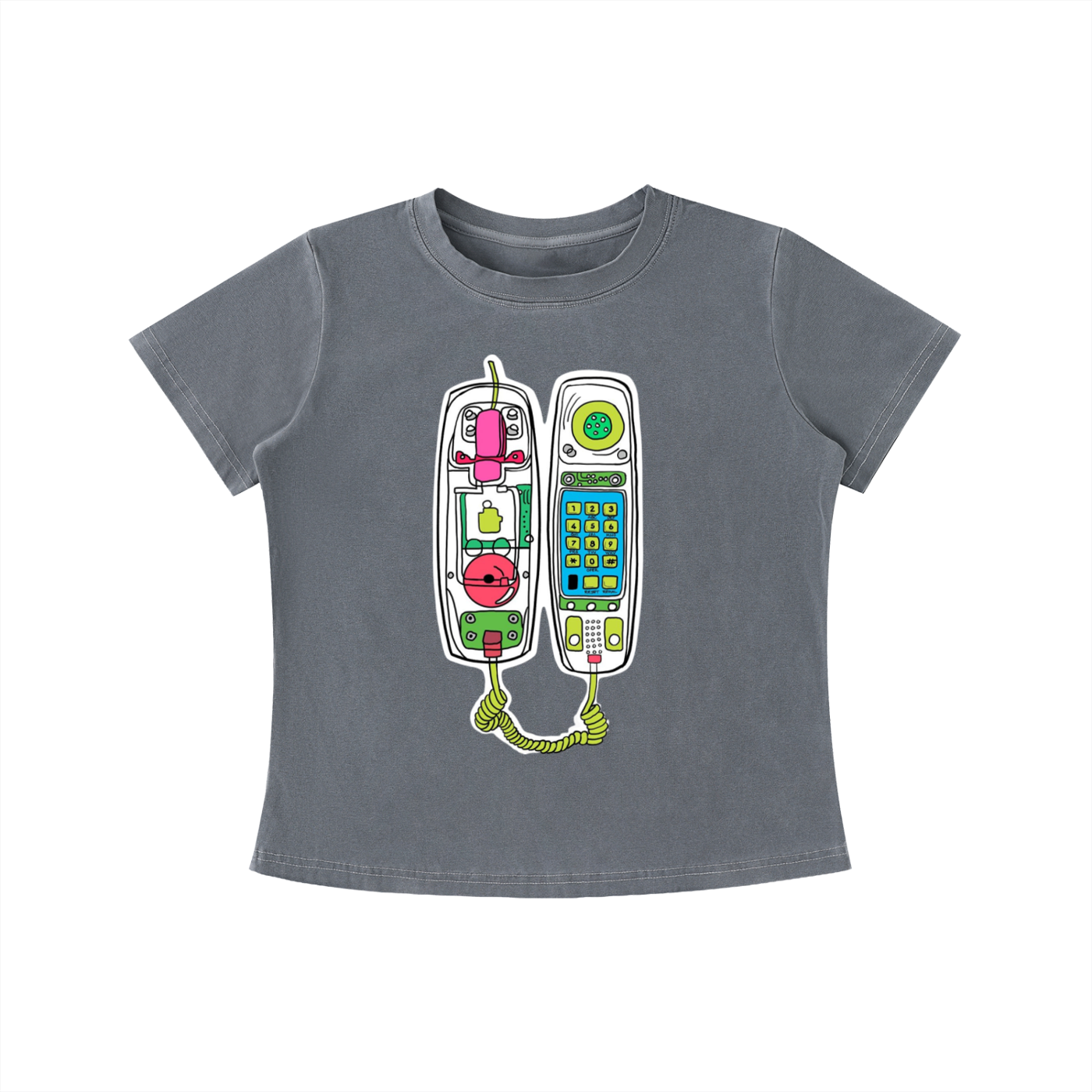 Gray Retro Call graphic t-shirt featuring vintage telephone artwork inspired by nostalgia and retro design.
