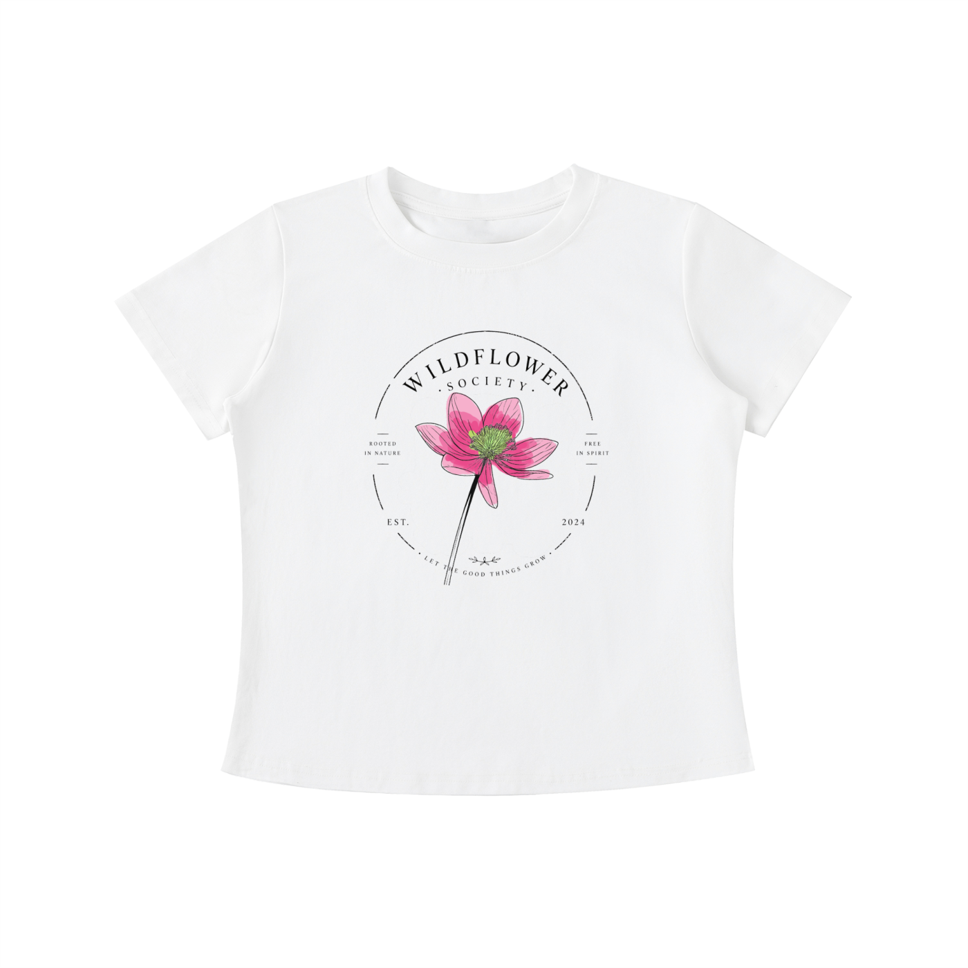 White Wildflower Society graphic t-shirt featuring botanical artwork inspired by wildflowers, nature, and free-spirited living.